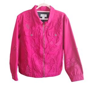Christopher & Banks Pink Embroidered Jacket Zip Front Beaded Floral Size XL